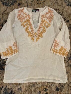 Key And Lime And Pink 100% Linen Top Beading Size Large All White
